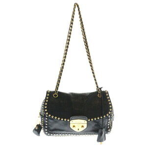 PRADA Studded Chain Shoulder Bag Black Leather